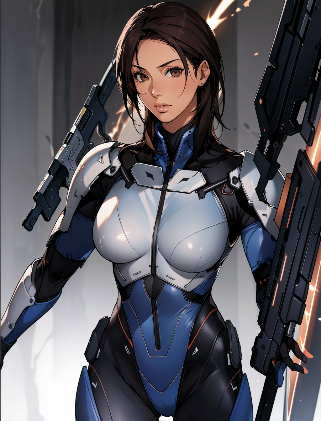 00316-meichilightMix_v10-3856340407-AshleyME, 1girl, solo, looking at viewer, brown hair, black hair, gloves, brown eyes, weapon, lips, gun, bodysuit, science ficti .png